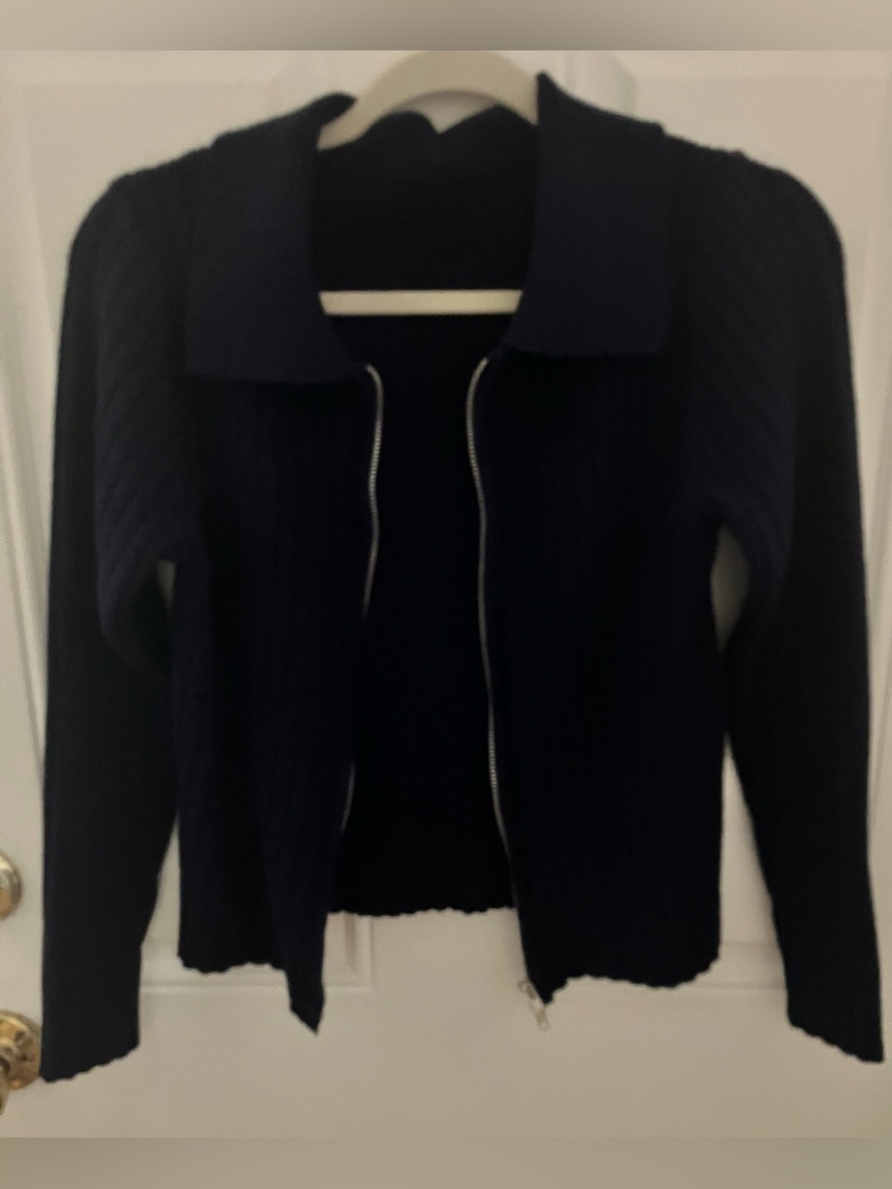 Navy Ribbed Two-Way Zip Cardigan-Small - Picture 4 of 6